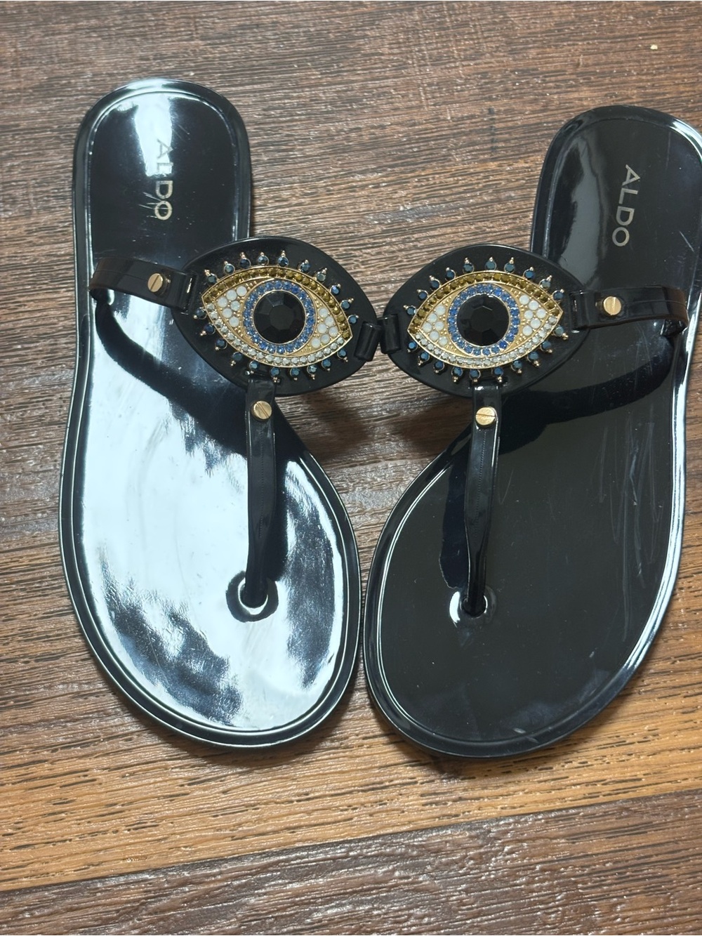 ALDO Black Patent Thong Sandals with Gold & Blue Evil Eye Embellishments
